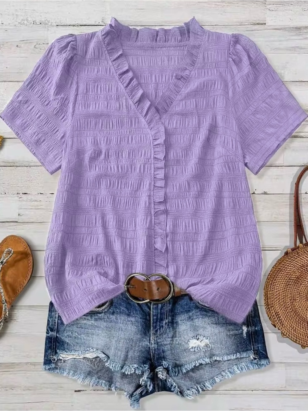 SHEIN Lavender Ruffle V-Neck Short Sleeve Blouse